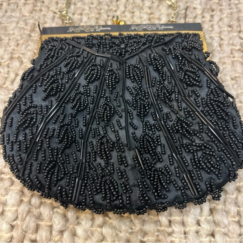 VTG 60s Handmade Unique Black Bead Handbag Clutch Evening Purse Hong‎ Kong